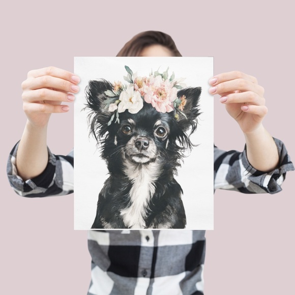 Watercolor Black Chihuahua with Flowers Portrait Wall Art Print Poster Unframed - Picture 4 of 6